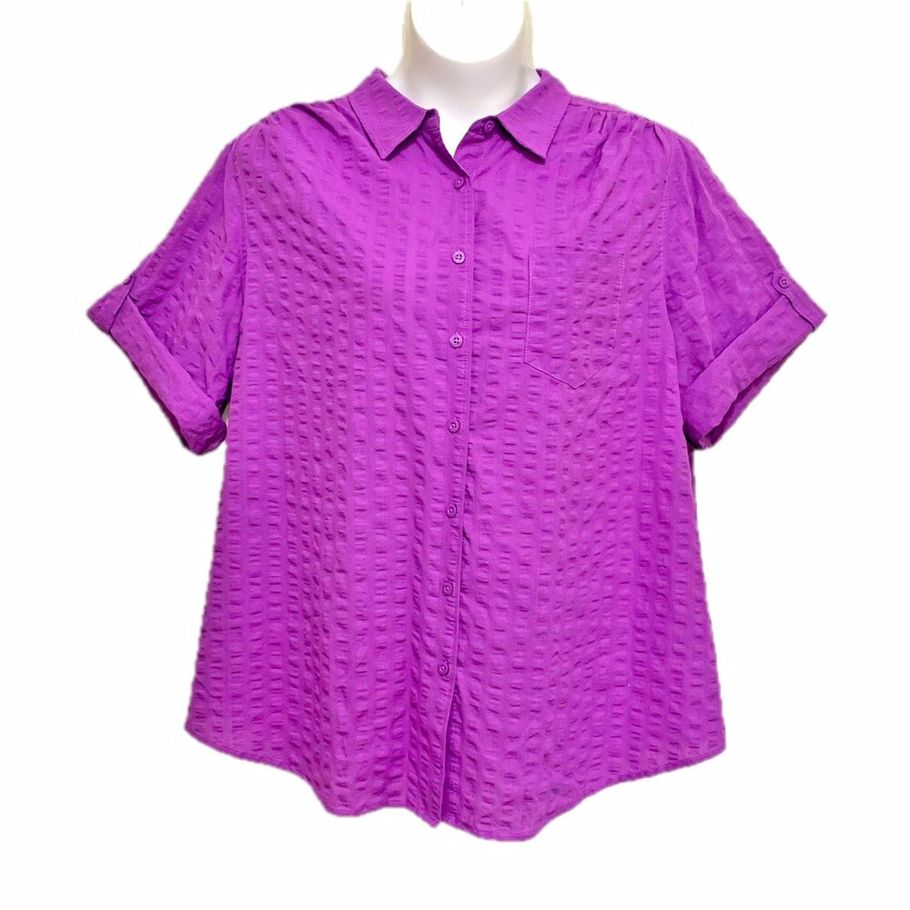 Woman Within Button-Up Shirt Womens Size 2X Purple Solid Cotton Short Sleeve Top